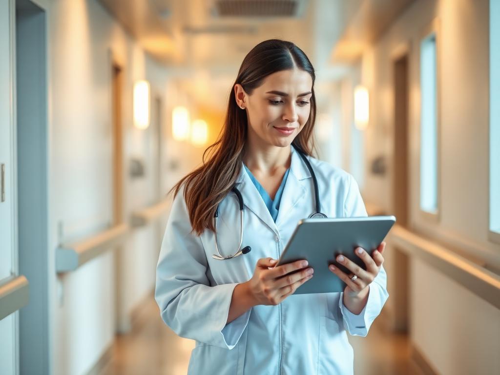 Healthcare consultant in modern hospital corridor