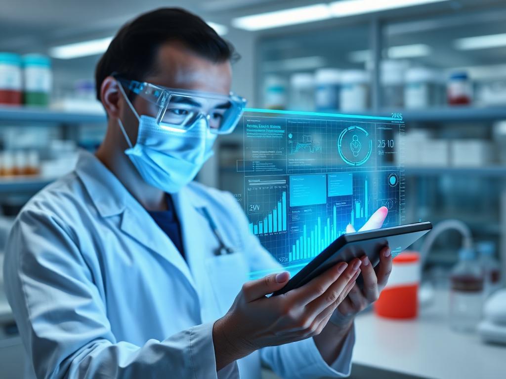 Scientist in pharma lab with digital MES tablet